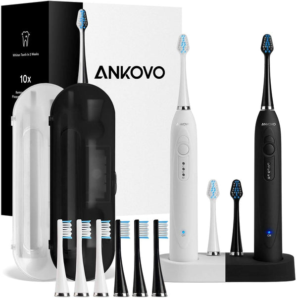 ANKOVO Dual Handle Ultra Whitening 40,000 VPM Wireless Charging Electric ToothBrushes - 3 Modes with Smart Timers - 10 Dupont Brush Heads & 2 Travel Cases Included